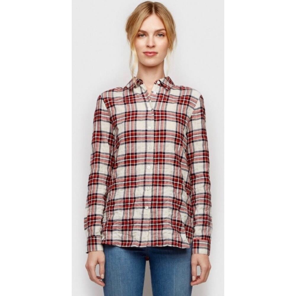 Jenni‎ Kayne Sequoia Plaid Cotton Button Down Shirt Red Cream S
